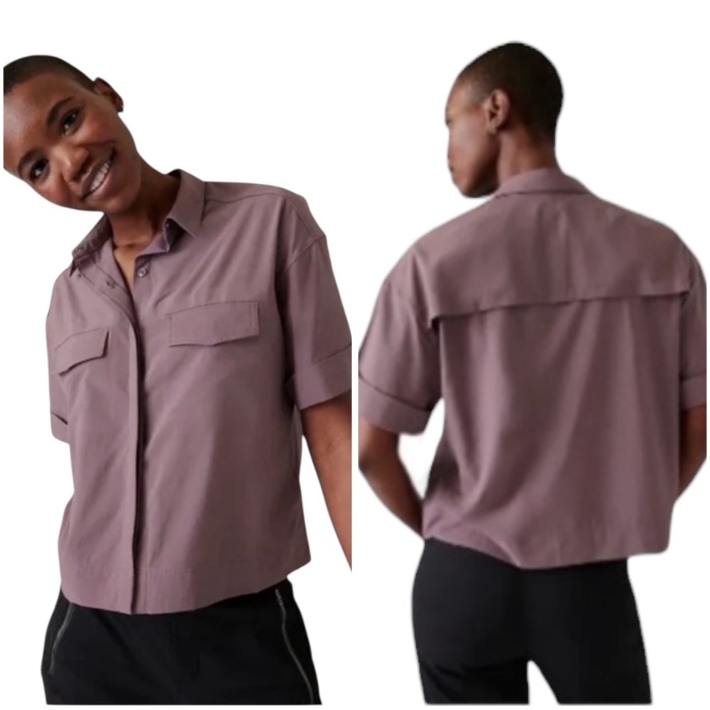 Athleta XL Mauve Purple Hike Packable Button Front Boxy Fit Short Sleeve Shirt
